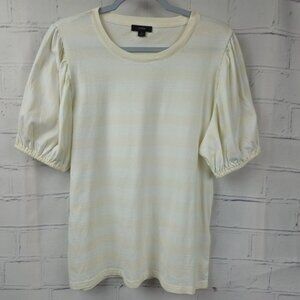 J. Crew Cream White Striped Cotton Shirt Top Womens L Short Puff Sleeve Casual